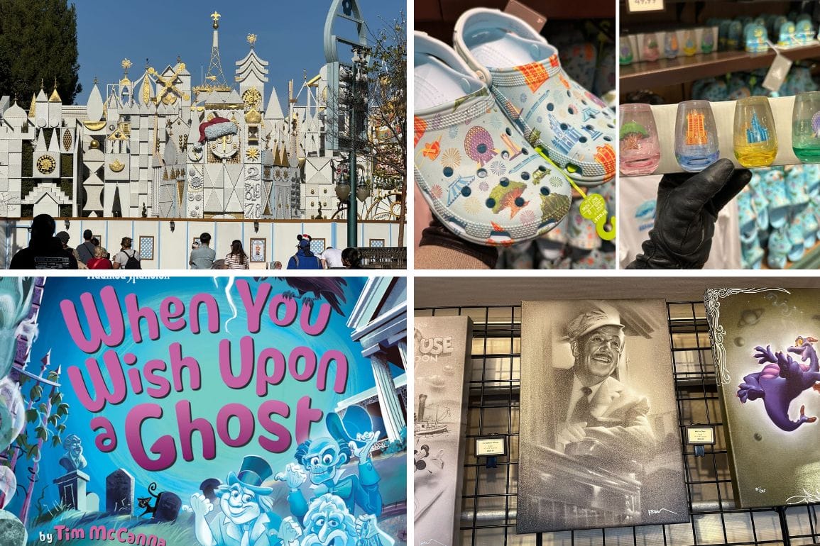 Collage of four images: theme park building facade, pair of decorated clogs, book titled "When You Wish Upon a Ghost," and monochrome art of a person playing piano with cartoon character. Perfect for your daily recap of whimsical adventures.