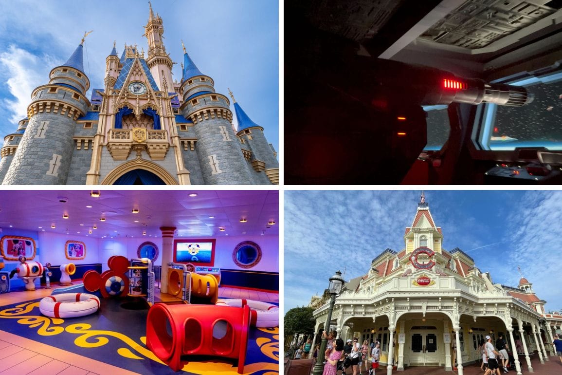 A collage of four images: a castle with blue spires evoking the enchantment of the Magic Kingdom, a dark interior with red light, a colorful room with play equipment, and a building featuring Victorian-style architecture crowned by a clock tower.