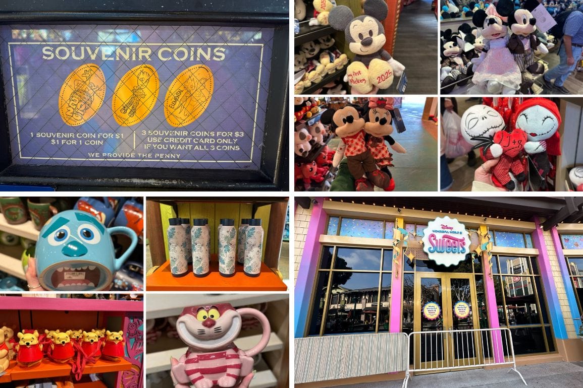 Collage of souvenir items featuring coins, stuffed toys with cartoon characters, mugs, and a "Sweets" storefront sign—it's like a daily recap of delightful finds.