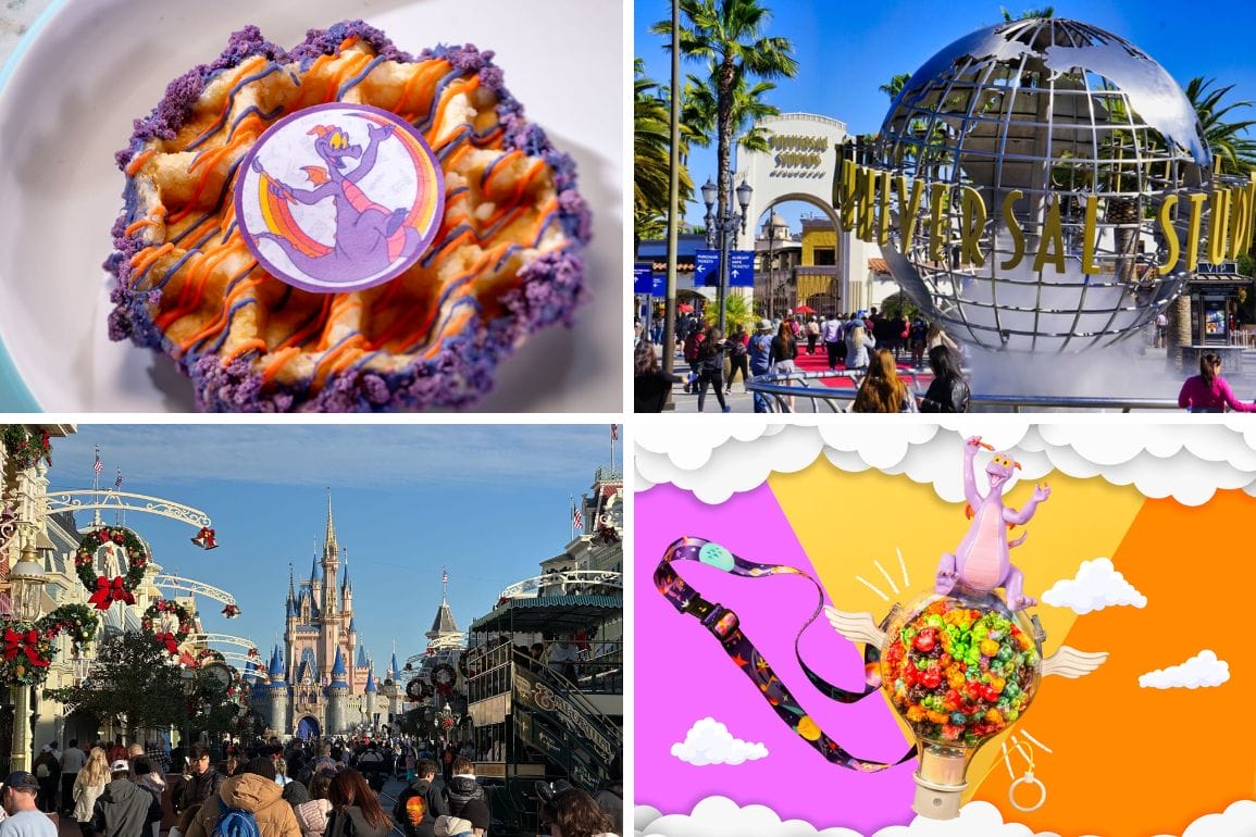 A collage of four images captures a vibrant daily recap: a colorful dessert, the iconic Universal Studios globe entrance, a bustling theme park with a castle, and a whimsical illustration featuring a character alongside a hot air balloon.