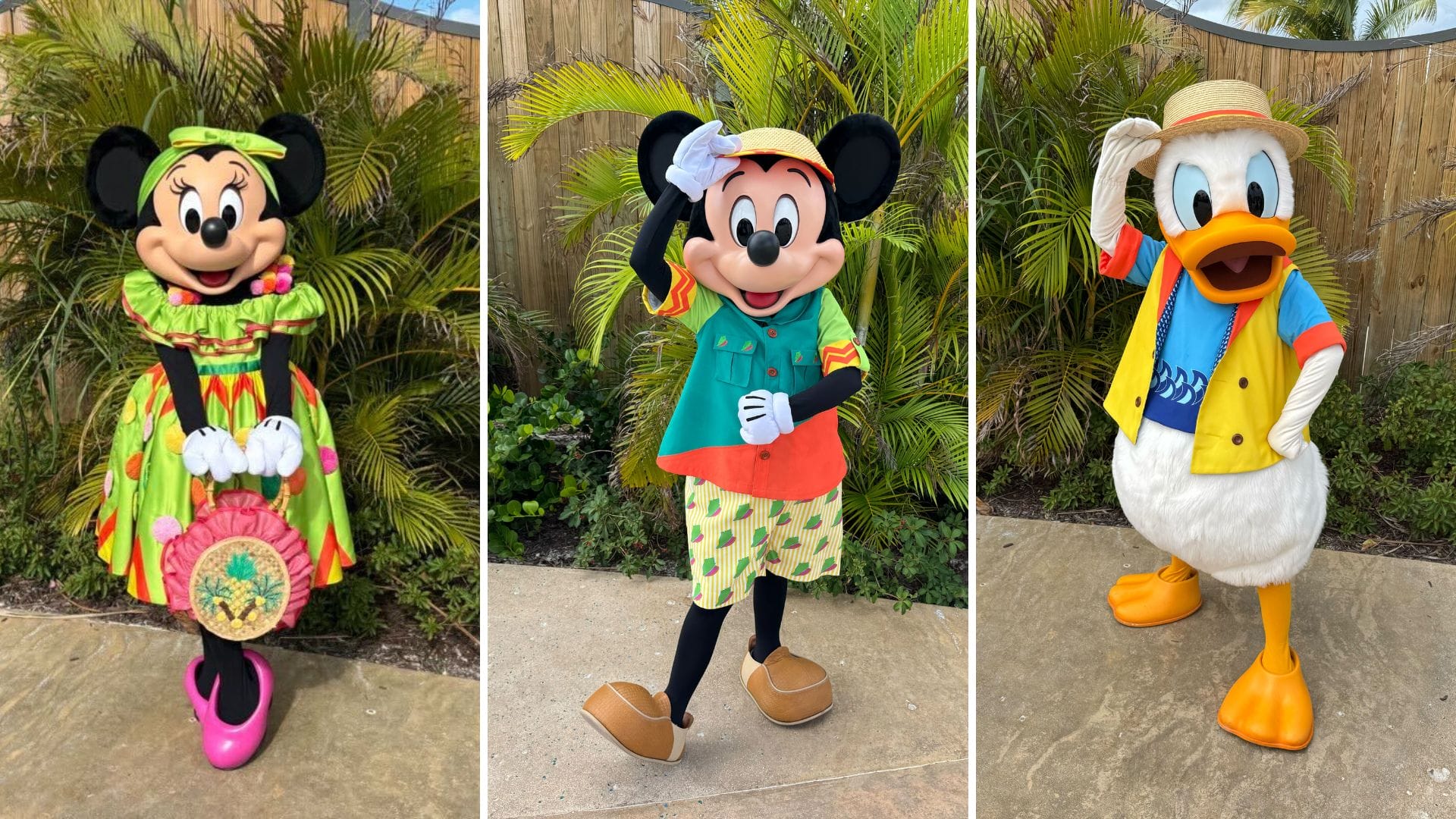Three characters in tropical outfits on Lookout Cay: one in a green dress with a hat, another in a green shirt with shorts and a hat, and the third in a yellow vest over a blue and red shirt, also topped with a hat.