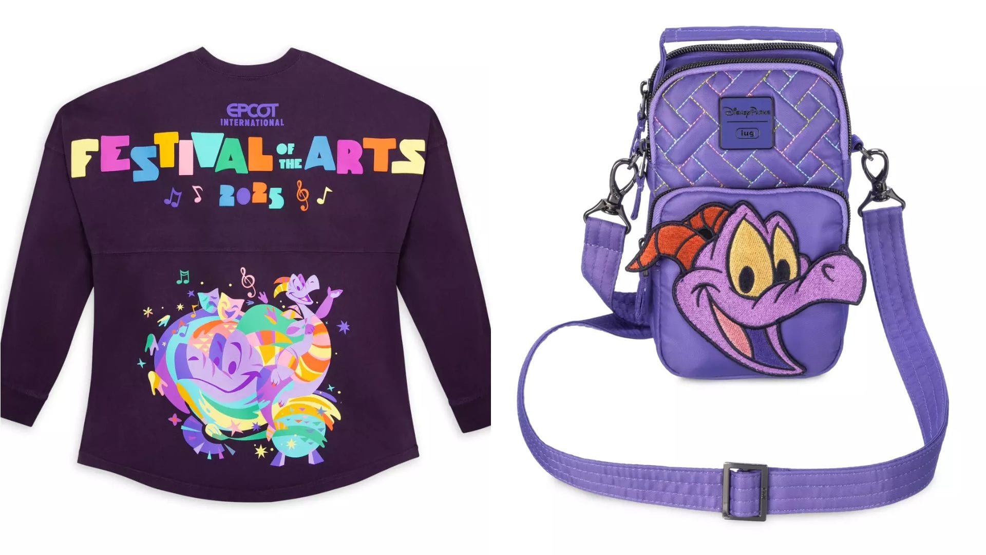 A purple Festival of the Arts sweatshirt adorned with colorful designs pairs perfectly with a matching purple crossbody bag, featuring a friendly cartoon character as part of the Figment merchandise collection.
