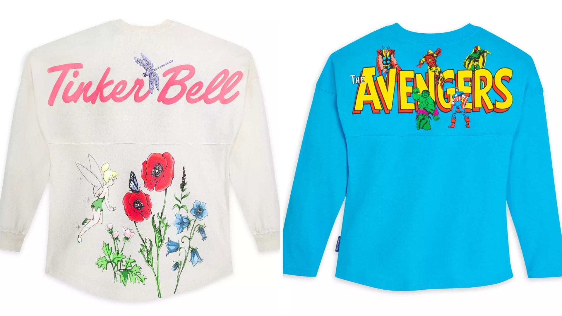 Two Spirit Jerseys: one white featuring "Tinker Bell" text with a floral illustration, and the other blue adorned with "Avengers" text and iconic Disney characters.