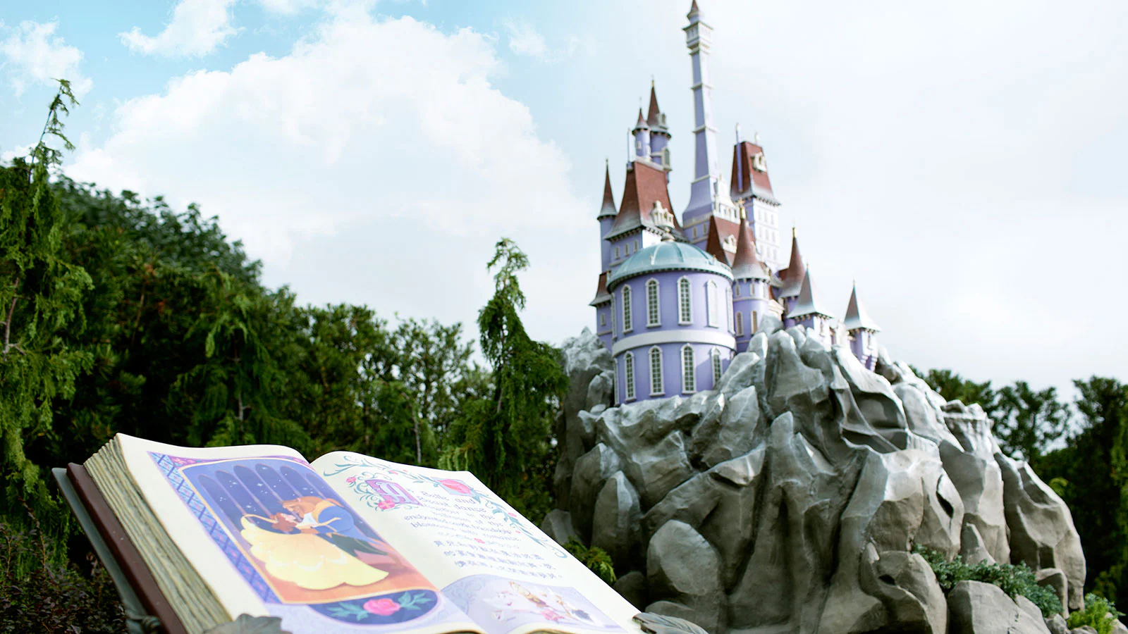 An open storybook with an illustration lies in the foreground, while a majestic castle rises from the rocky terrain of a Fairy Tale Forest in the background.