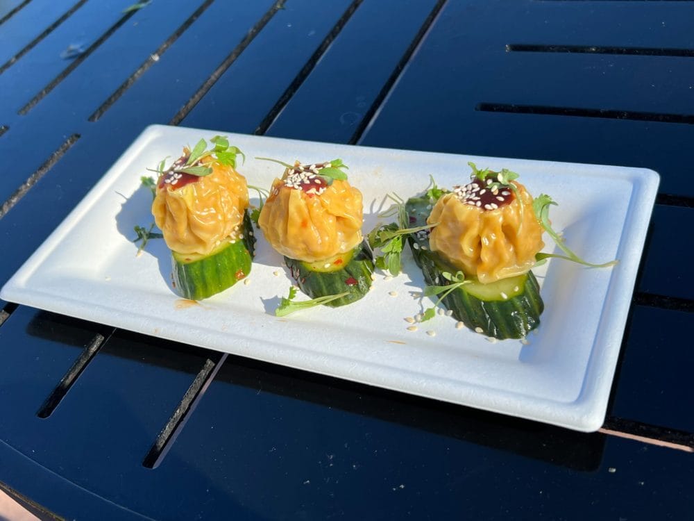 At the EPCOT International Festival of the Arts, three dumplings rest on cucumber slices, garnished with greens and sesame seeds on a rectangular white plate—a delightful culinary review awaits.