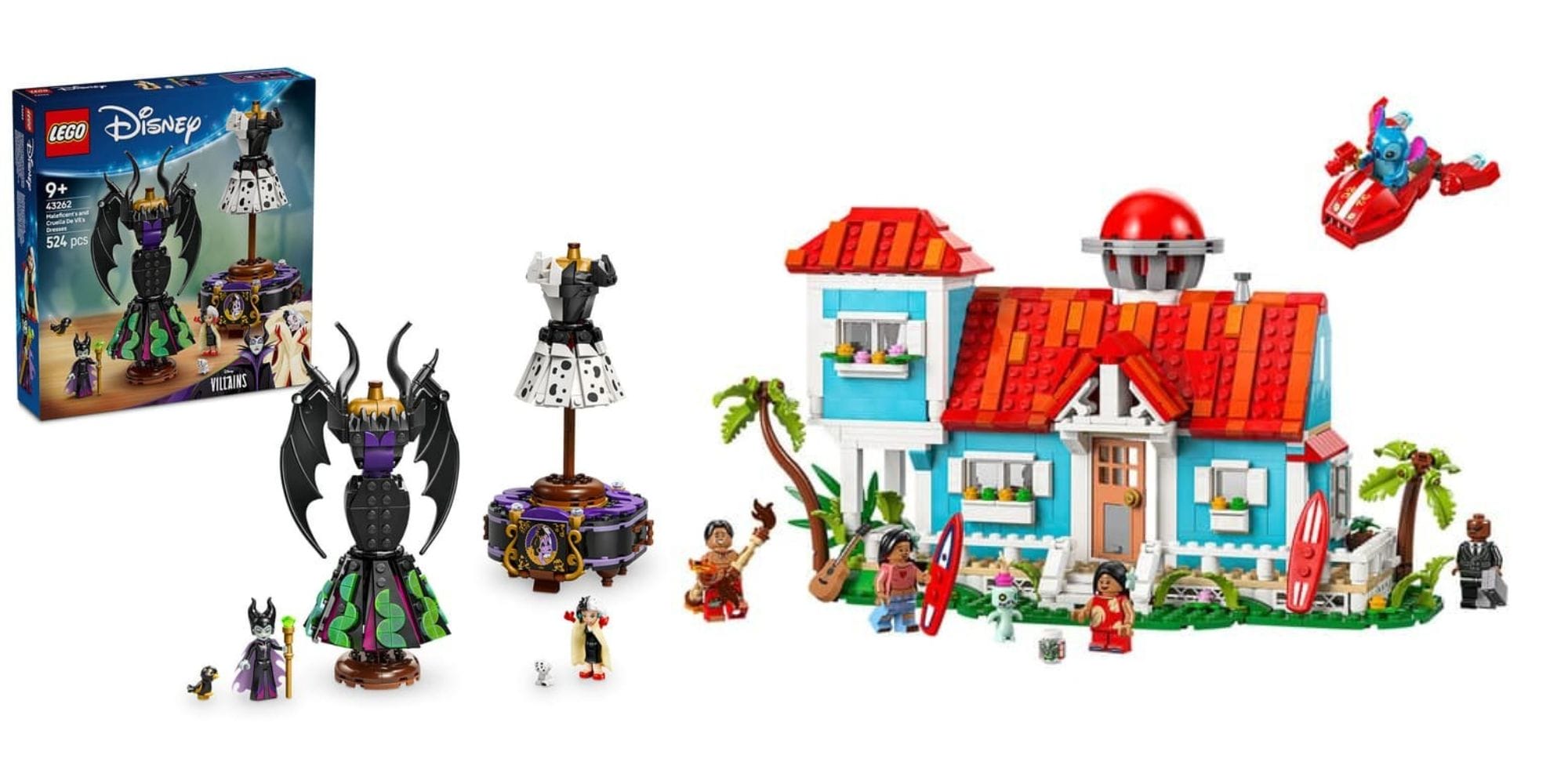 LEGO sets featuring a Disney villain tower and a colorful beach house with minifigures and accessories.
