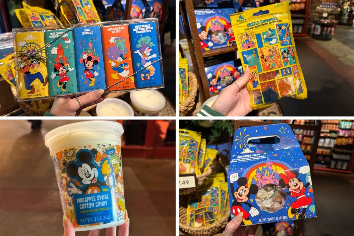 Various Disney-themed candy and souvenirs, including postcards and cotton candy, displayed in a store.