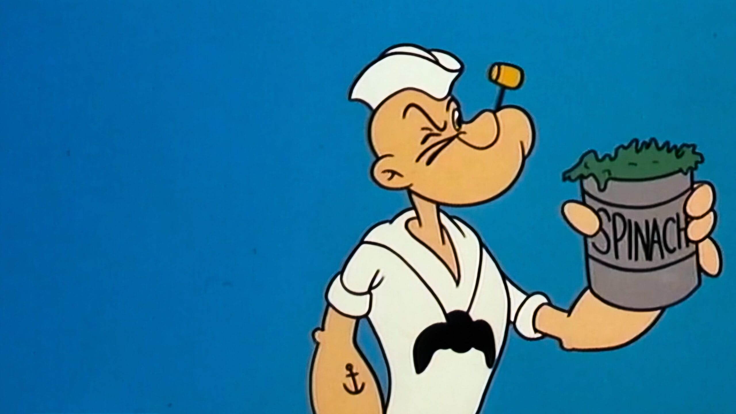 A cartoon sailor, resembling Popeye, holds a can labeled "Spinach" against a blue background. This public domain image captures his iconic pipe and whimsical charm, evoking nostalgia and adventure on the high seas.