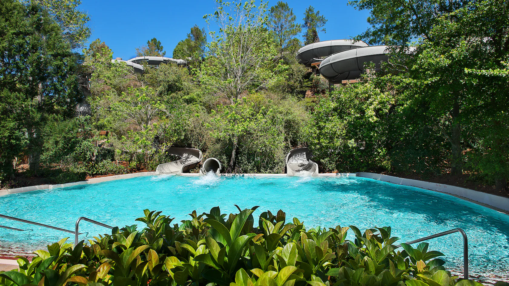 An outdoor water slide area features twisting tubes like rapids emerging from a forested hill, ending in a clear blue pool. Lush greenery and trees envelop the scene under a brilliant blue sky.