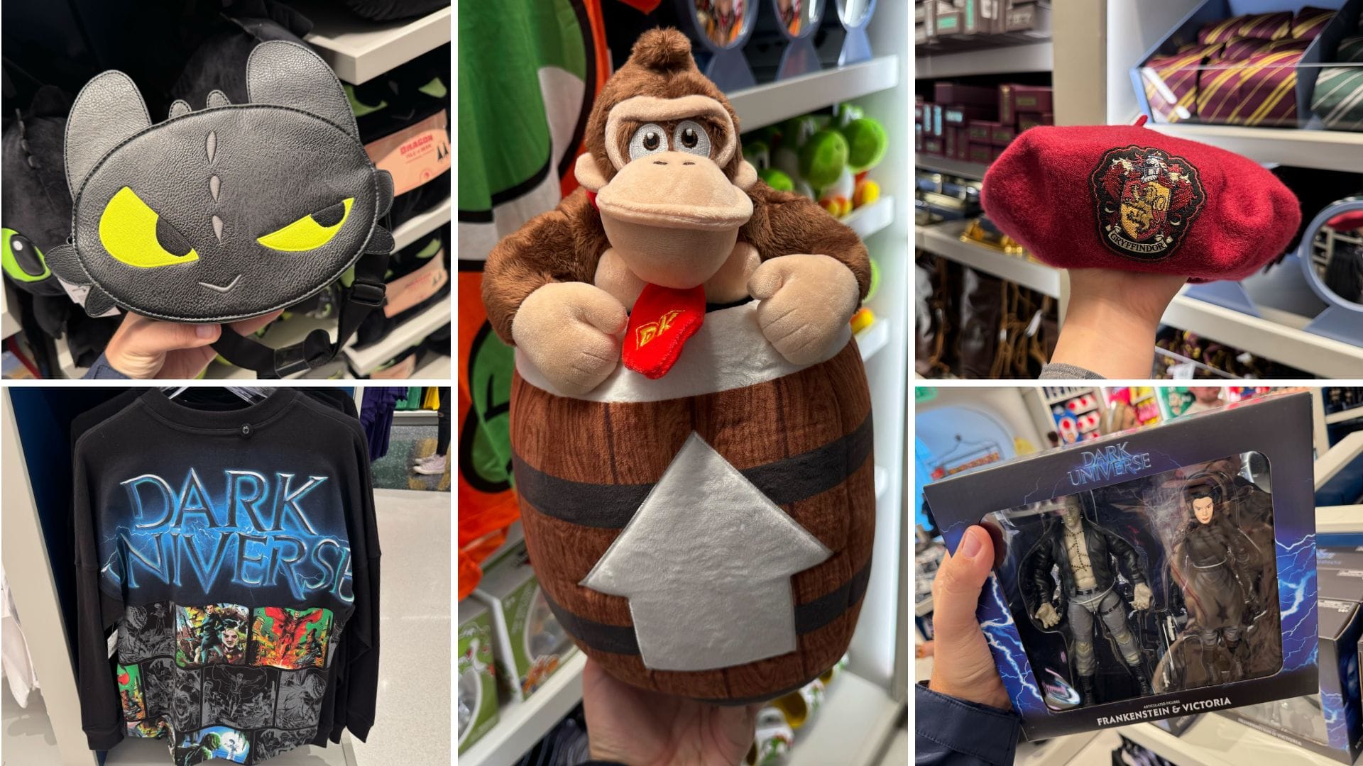 Collage of Epic Universe Merchandise, featuring a Toothless bag, Donkey Kong plush, Gryffindor cap, Dark Universe shirt, and a figurine set from Universal Stella Nova Resort.