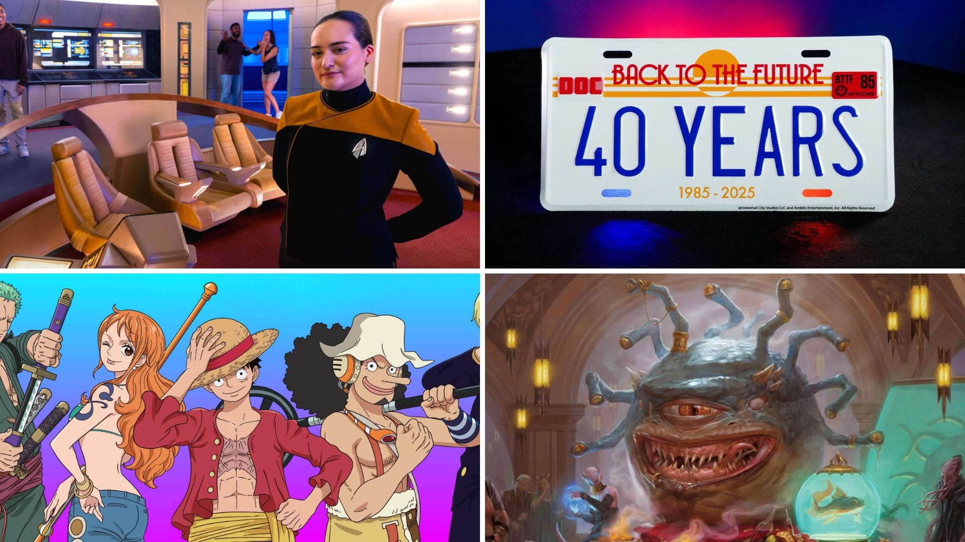 1. Person in uniform on spaceship set.
2. "Back to the Future" themed license plate.
3. Animated characters posing.
4. Fantasy creature with multiple eyes and mouth in elaborate setting.