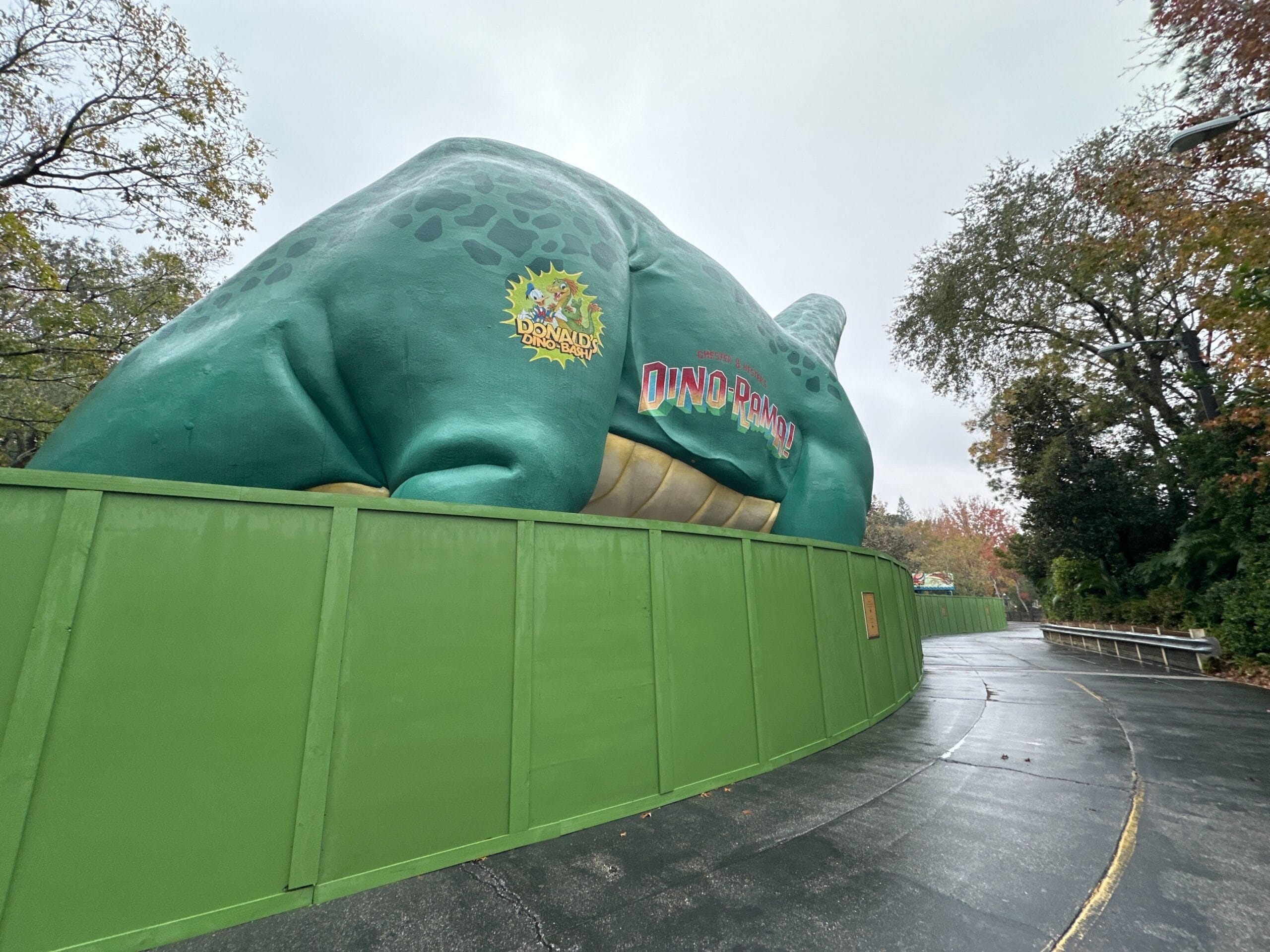 Large green dinosaur sculpture behind green construction fencing on a wet path with trees in the background.