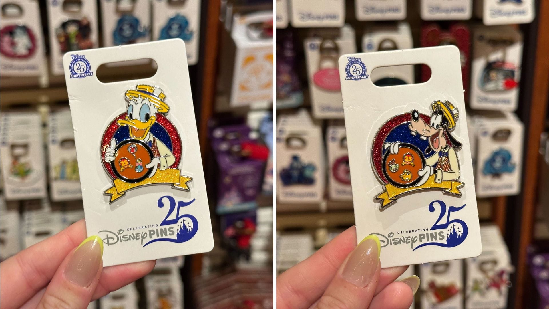 Two images show collectible Disney pins celebrating 25 years. One features Donald Duck, the other Goofy. Both pins are attached to white backing cards with a 25th anniversary logo.