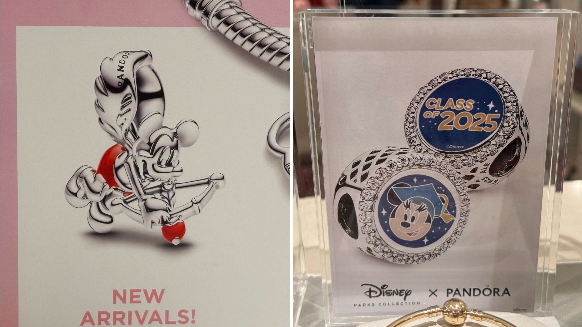 Side-by-side images showcase Disney x Pandora jewelry: one features a Mickey Mouse charm with "New Arrivals!" text, the other highlights a "Class of 2025" charm with Mickey Mouse. Discover the magic of Walt Disney World through enchanting Pandora charms.