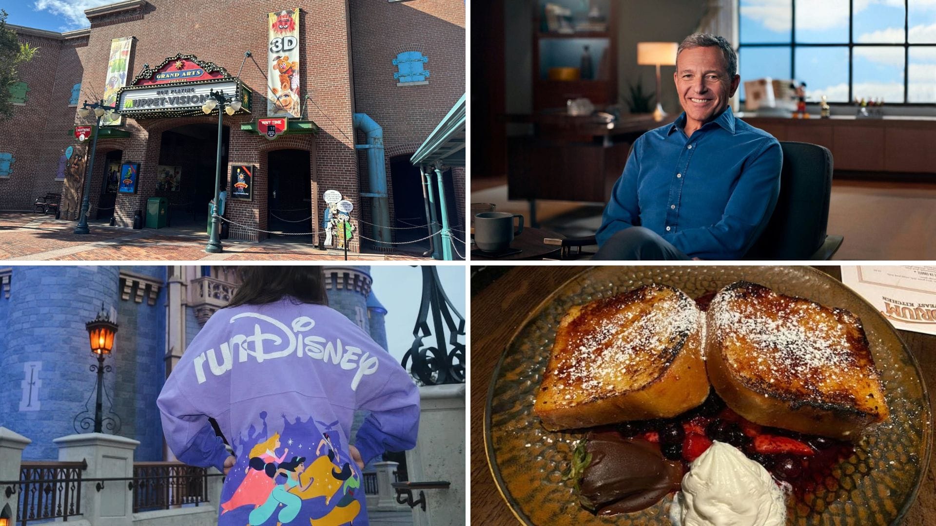 A brick building proudly displays Disney's Muppet Vision 3D signage, while nearby, a person in a colorful runDisney jacket savors French toast with cream and fruit. Meanwhile, another person sits in an office immersed in their daily recap.