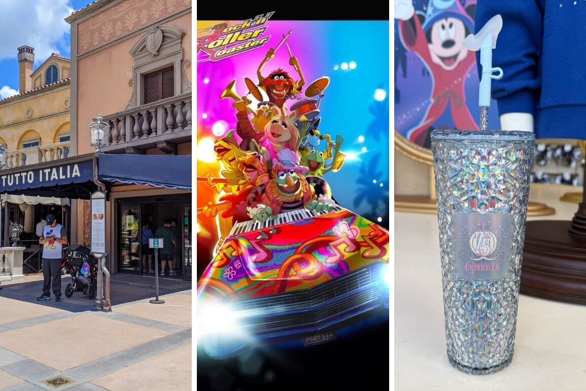 Three-panel image: 1) Tutto Italia restaurant facade with people outside. 2) Cartoon characters on a colorful car at Universal. 3) Glittery cup with a straw, boasting a "15" logo and character silhouette, reminiscent of the magic at Universal Islands of Adventure.
