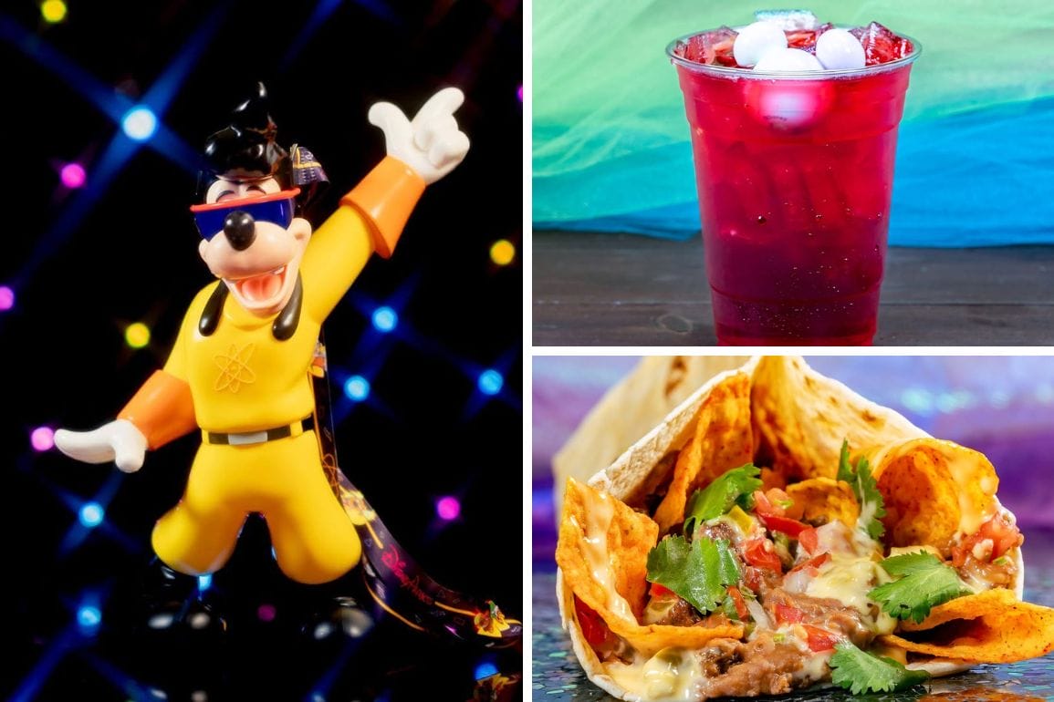 Goofy in a yellow outfit, savoring a red drink with ice, and enjoying a loaded burrito on a colorful background, brings back the vibrant energy of Disneyland After Dark's 90s Nite.