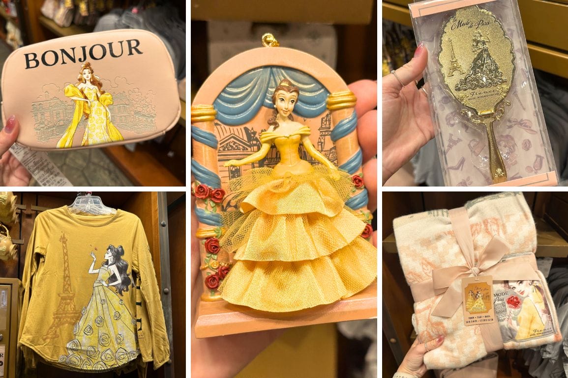 A collage of Beauty and the Beast-themed merchandise: a Belle clutch bag, wall decor, hand mirror, sweater, and plush blanket, all showcasing her iconic yellow dress.