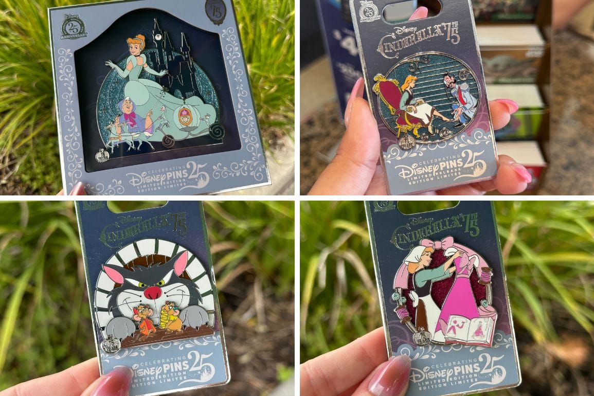 Held delicately in a hand, these enchanting Disney pins celebrate EPCOT with Cinderella-themed designs. Each pin commemorates the magical 25th anniversary, wrapped in original packaging that whispers tales of enchantment.