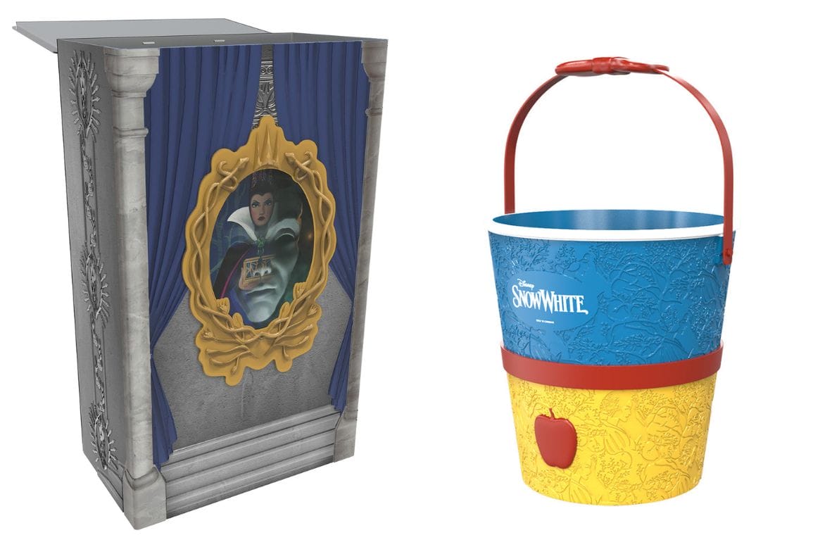 This exquisite Snow White-themed popcorn bucket and cape holder are perfect collectibles for any Cinemark visit. The bucket boasts vibrant red and yellow hues, while the holder beautifully showcases the Evil Queen's iconic mirror.