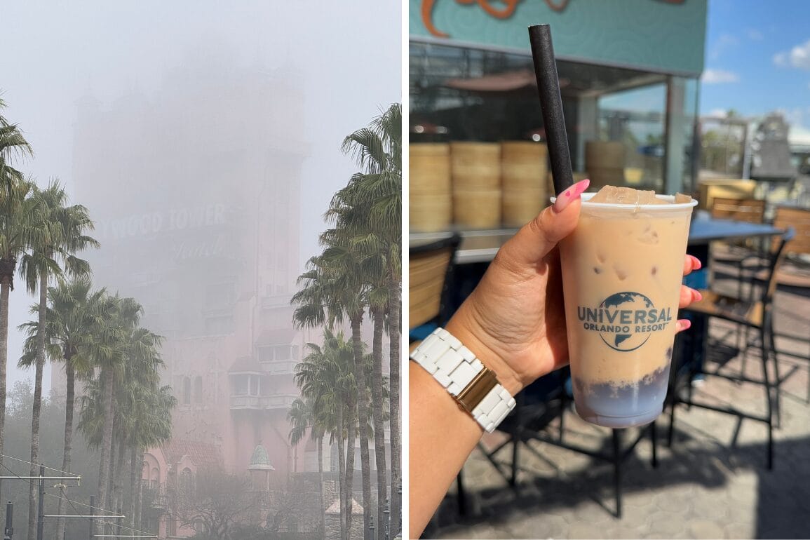 Left: Foggy view of Hollywood Tower Hotel with palm trees. Right: Hand holding a bubble tea in a Universal Studio Florida cup with a straw, outdoor seating in background.