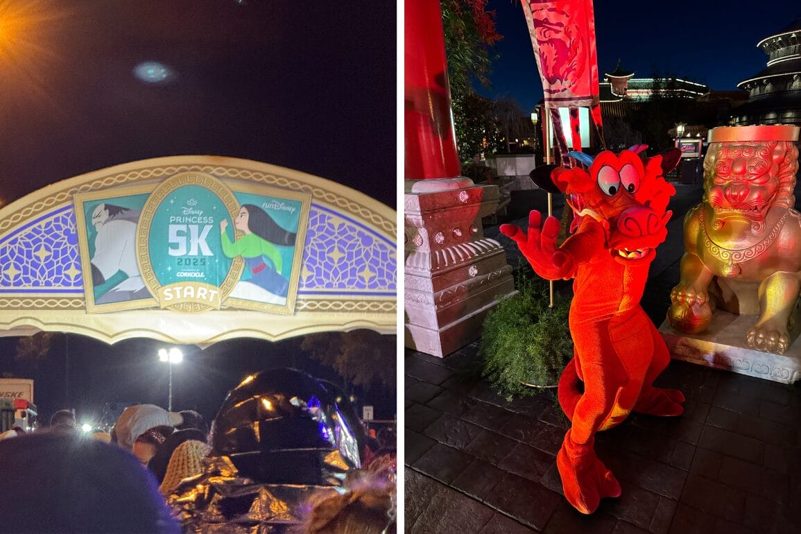 Left: Disney Princess 5K starting line aglow under the night sky. Right: A person in a red dragon costume strikes a pose near a decorative statue, embodying the magic of the RunDisney event.