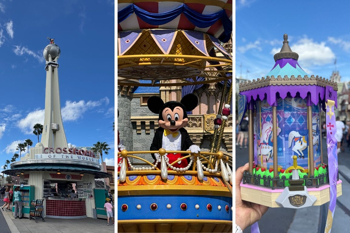 Three images: a Crossroads pavilion under a blue sky, a character in the Festival of Fantasy parade float with a castle backdrop, and a hand holding a colorful decorative carousel item.