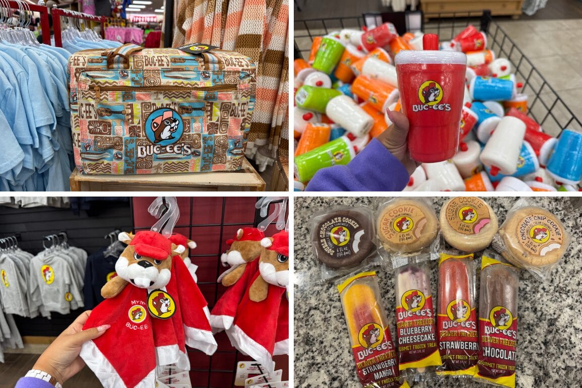 Collage of Buc-ee's merch: a travel bag, tumblers, baby toys, and various snacks. Each item features the Buc-ee's logo with a beaver in a red cap.