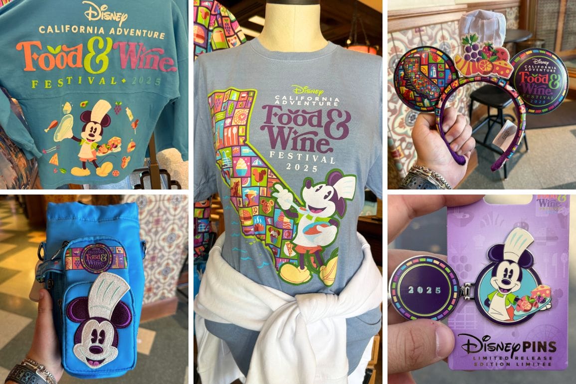 Collage of 2025 Disney California Adventure Food & Wine Festival merchandise, featuring shirts, a bag, Minnie Mouse ears, and themed pins that capture the festival's vibrant spirit.