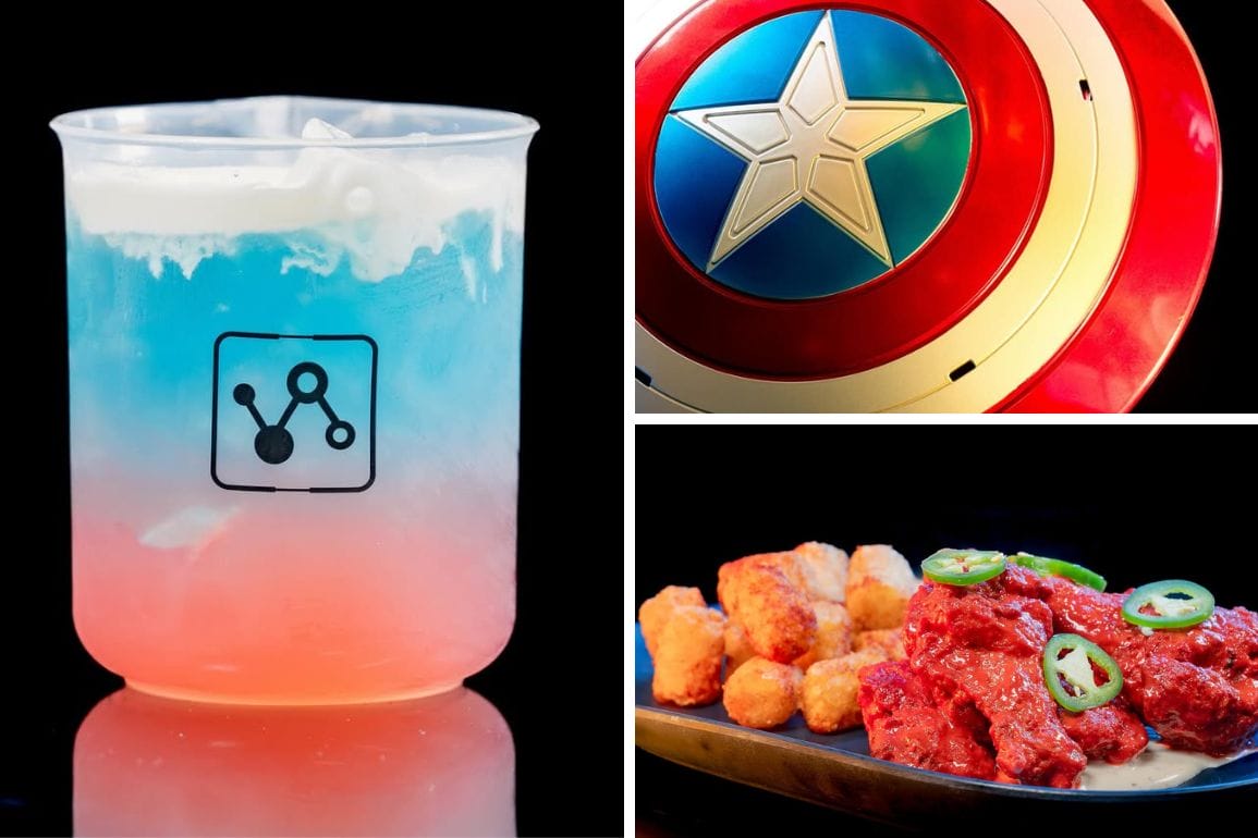 At Disney California Adventure, enjoy the Shield Sipper—a red, white, and blue drink in a beaker inspired by Captain America. Pair it with a dish of crispy nuggets and glazed chicken garnished with jalapeños, served alongside a round shield adorned with a star.