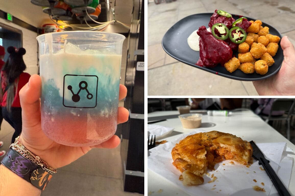 A multi-colored drink in a beaker sits next to a plate of food with tater tots and a partly eaten meat pastry, resembling a meal fit for Captain America after saving the day.