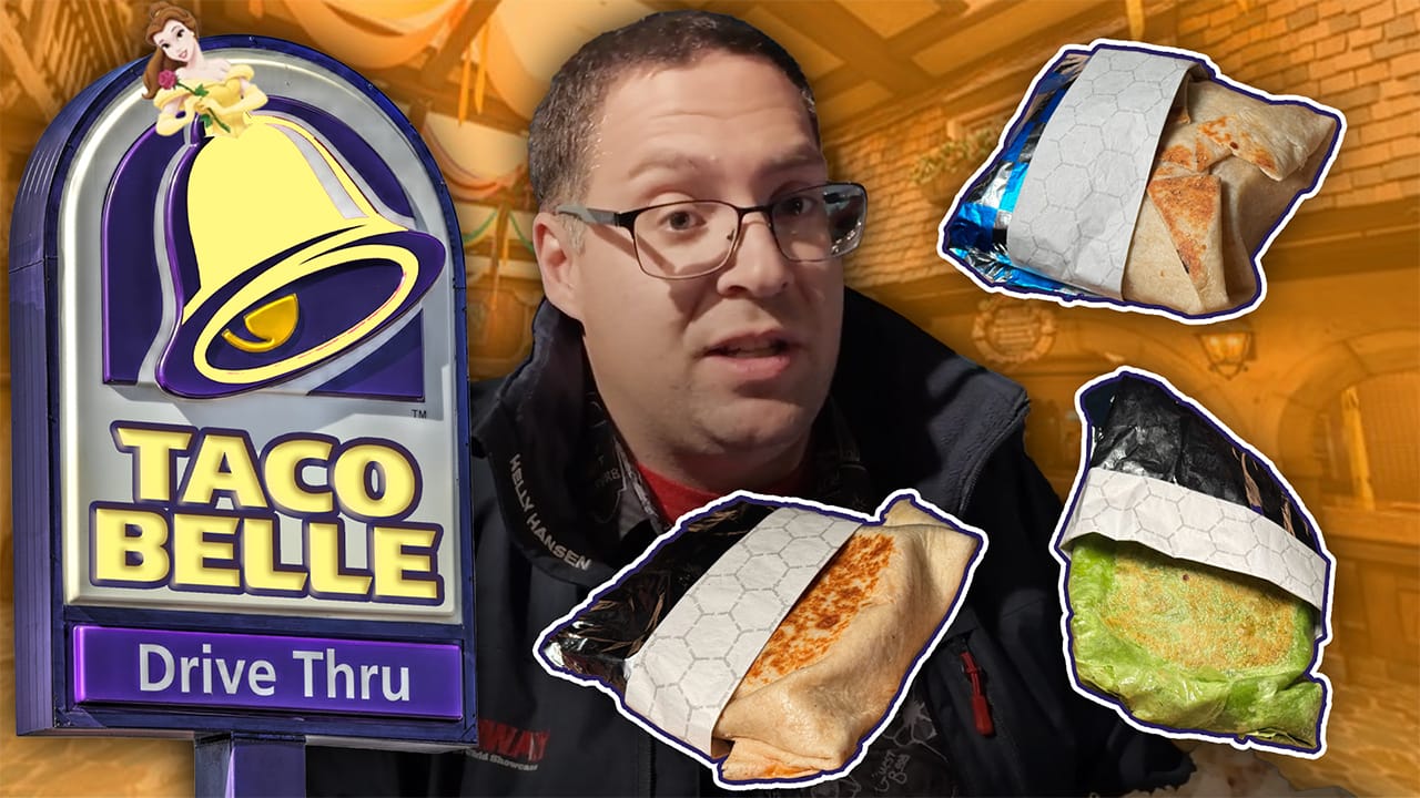 A man stands in front of the Taco Belle logo, embracing a Fantasyland vibe, with three different wrapped food items around him, resembling a culinary faire.