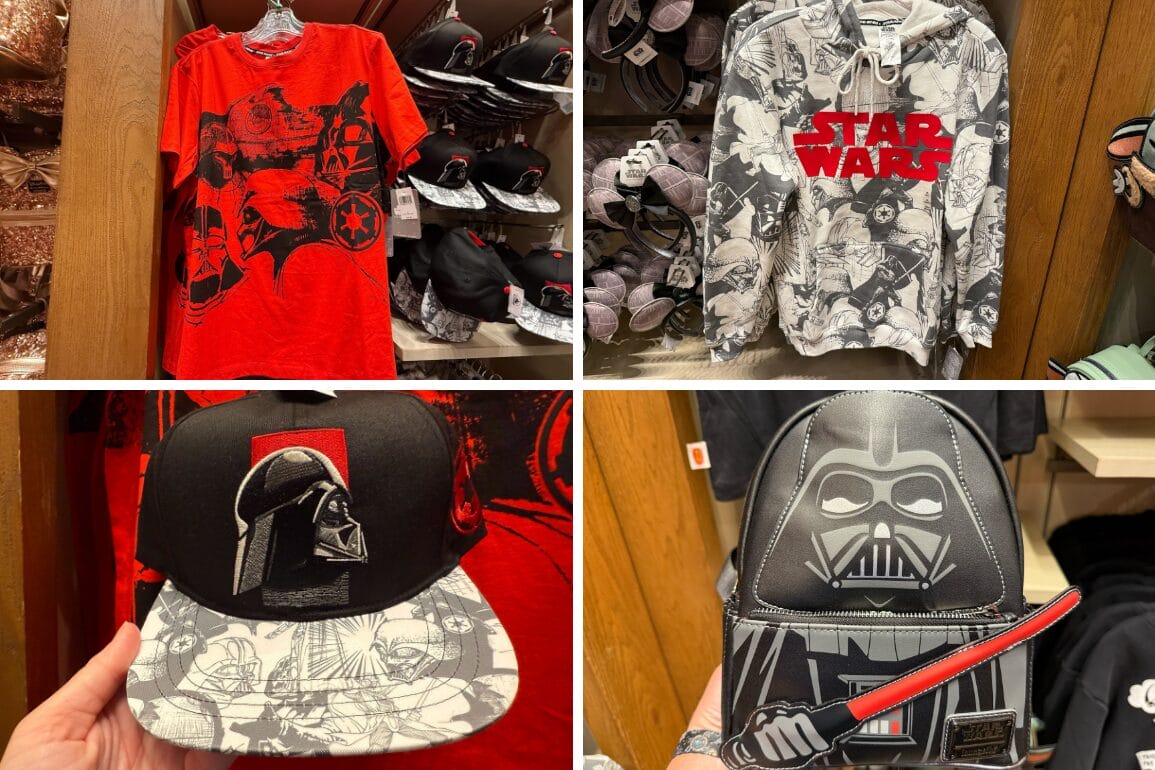A vibrant collage of Star Wars merchandise is on display, featuring a bold red t-shirt, a cozy hoodie, and striking Darth Vader apparel like a cap and backpack. Perfect for fans visiting the Disneyland Resort, it's an ideal way to showcase your allegiance to the Force.