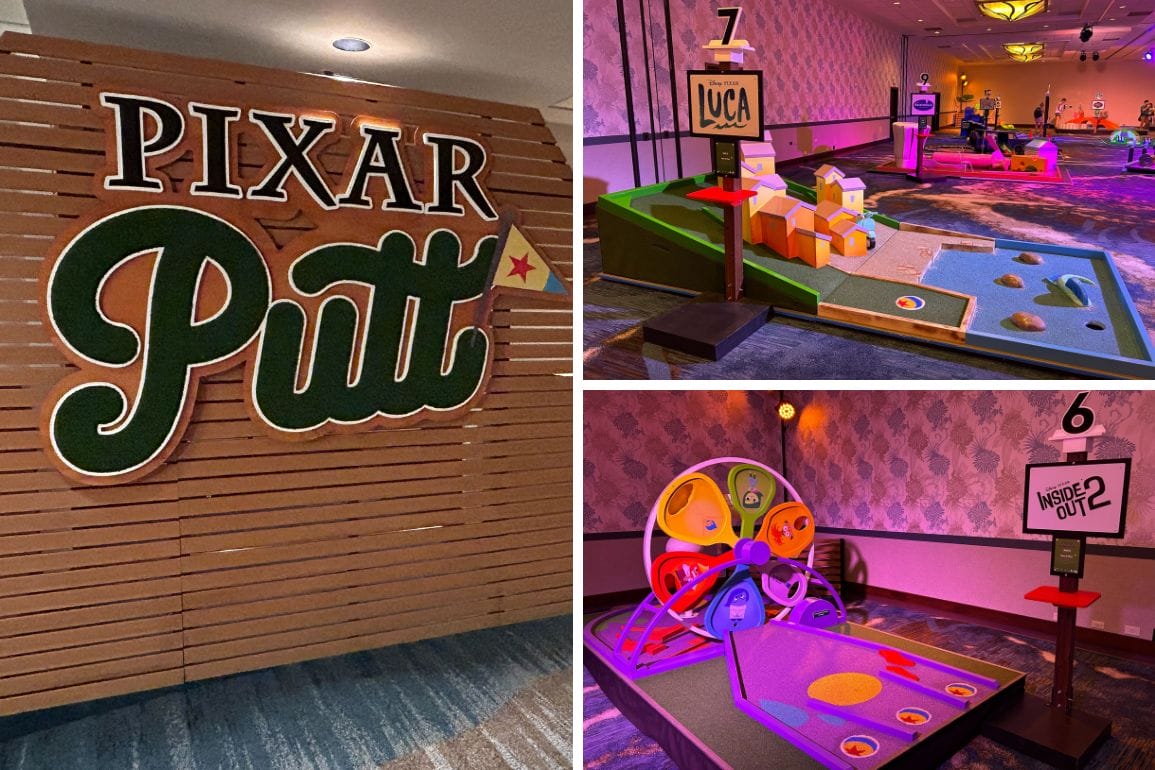 Step into our indoor mini-golf course, where Pixar magic comes alive. Navigate through "Luca" and "Inside Out 2" themed holes beneath the vibrant "Pixar Putt" sign for an unforgettable experience.