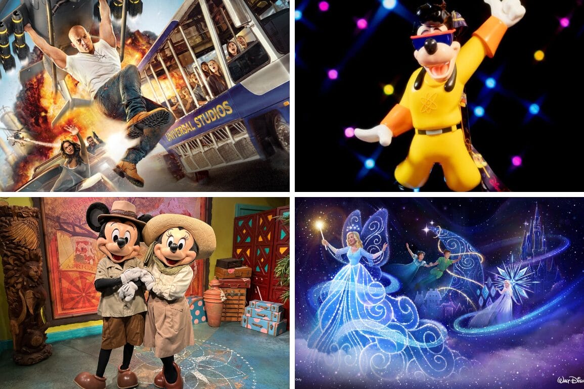 A supercharged collage of four Disney-themed images: an action movie scene, a costumed character performer, Mickey and Minnie in themed outfits, and an animated magical scene with characters.