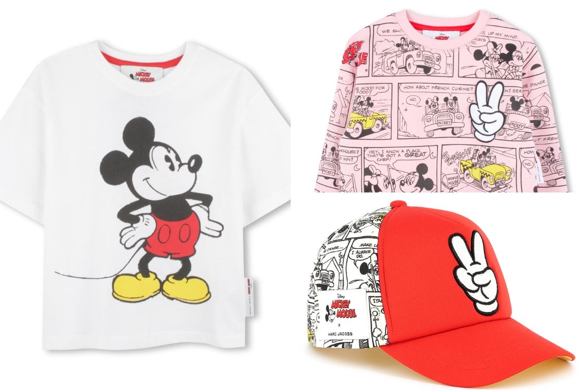Disney x Marc Jacobs presents a white T-shirt with cartoon character, a pink long-sleeve shirt adorned with comic strips, and a red cap featuring the iconic "V" sign enhanced by comic illustrations.