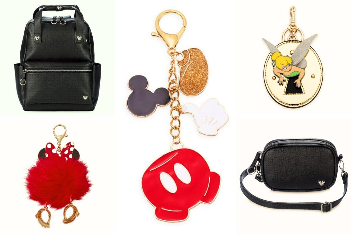 A delightful array of Disney-themed accessories, Flair Bags, including black backpacks and crossbody options, are displayed alongside enchanting charms like keychains featuring Mickey Mouse, Tinker Bell, and other designs.