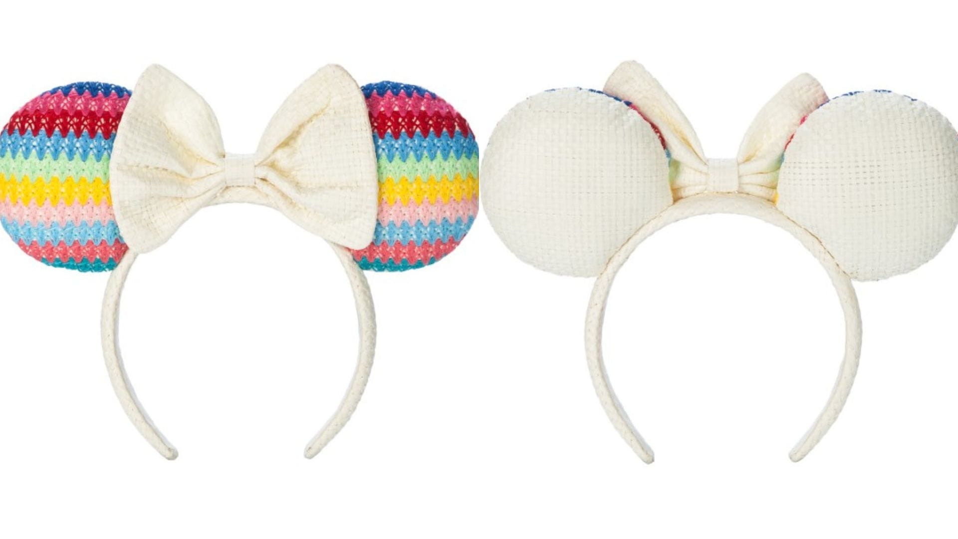 Two BaubleBar Ear Headbands feature round ears and bows: one with rainbow-striped ears and the other with plain white ears.