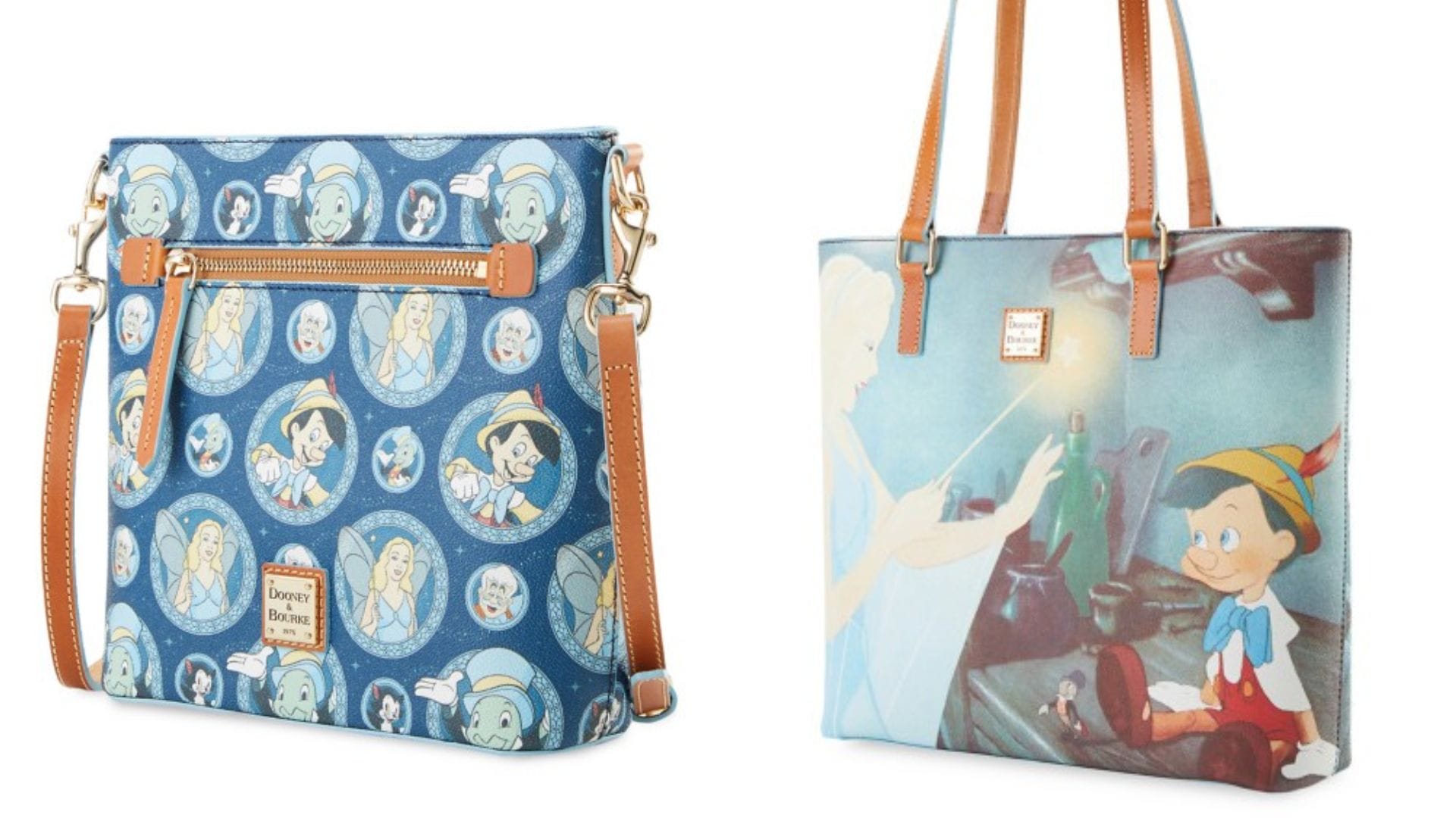 These enchanting Dooney & Bourke handbags celebrate Pinocchio's 85th Anniversary. The left bag boasts circular illustrations on a blue backdrop, while the right vividly captures Pinocchio with the Blue Fairy. Available exclusively at the Disney Store.