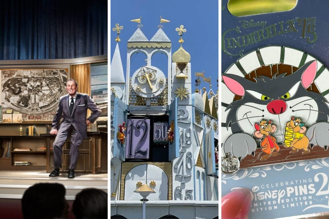 Three-panel collage: a man in a suit seated with a backdrop of Disney sketches, Disneyland's clock tower with ornate details, and a Disney pin featuring Lucifer and mice from Cinderella—a visual daily recap of magic and imagination.
