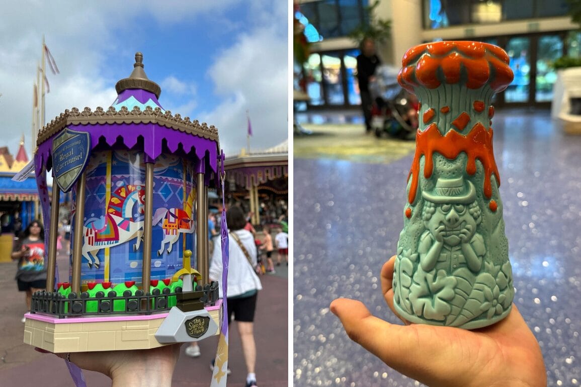 Left: A hand holds a vibrant model of the Prince Charming Regal Carrousel. Right: A hand grips a tiki-style mug adorned with fiery red lava details.