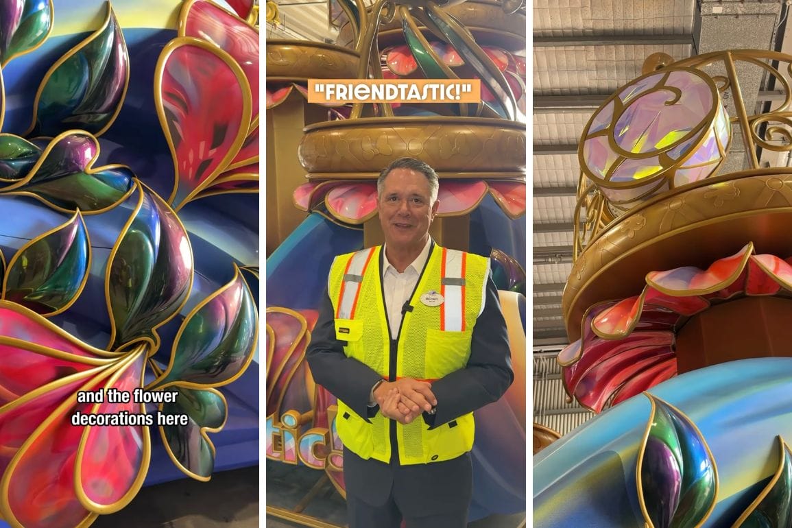 A man in a safety vest stands amidst vibrant flower decorations, embodying the spirit of the Friendtastic Parade. The cheerful text "FRIENDTASTIC!" highlights the festive mood and celebrates the blooming creativity all around.