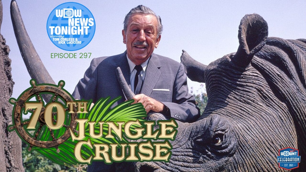 A man in a suit stands beside a rhinoceros statue at Disney. Text on image: "Celebrating 70 Years of Jungle Cruise.