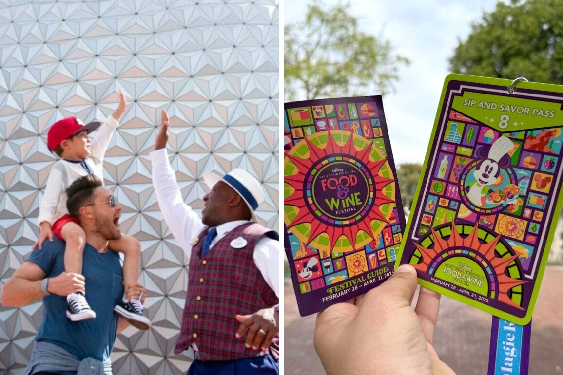 A child on a man's shoulders high-fives a dressed-up staff member outside a geometric building. Next to them, two colorful festival passes are displayed outdoors.