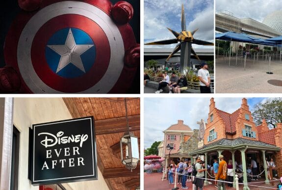 Collage of theme park attractions: Captain America shield, futuristic sculpture, people near a tent, Disney Ever After store sign, and a line outside a quaint building. Cosmic Rewind's presence hints at the excitement brought by Guardians of the Galaxy adventures.