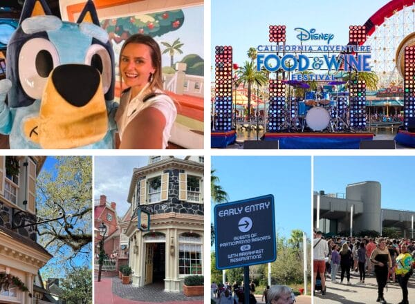 Collection of images: Woman with cartoon character, Disney California Food & Wine Festival stage, colonial-style buildings, Rope Drop sign at theme park, and crowd near contemporary structures.