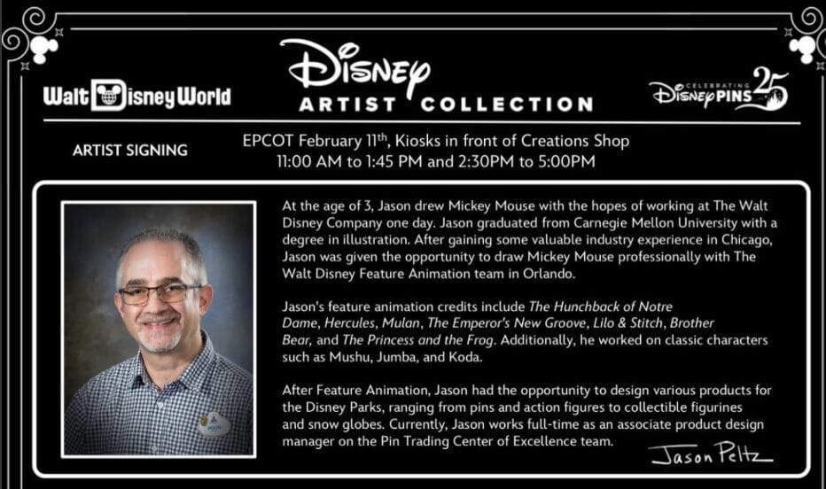 A poster for Disney Artist Collection pin signing event at EPCOT featuring artist Jason Pitz. Includes event timings and artist's background information.