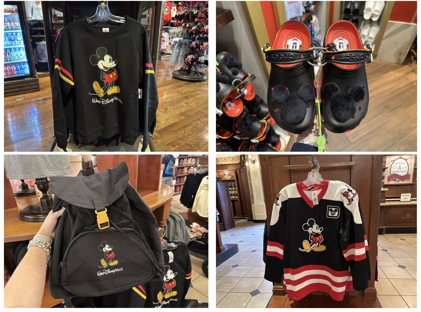A vibrant collage of Disney merchandise catches the eye. Featuring a cozy Mickey Mouse sweater, playful Mickey-ear Crocs, a sleek black backpack, and a hockey jersey adorned with a classic Mickey design, this display in the store is pure nostalgic magic.