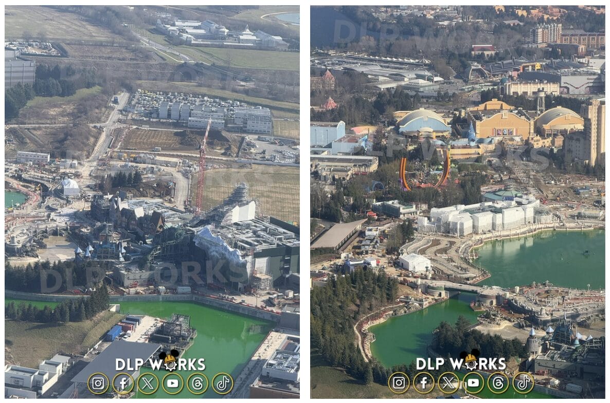 An aerial view reveals a bustling construction site with cranes and buildings surrounded by green water bodies. The image, marked with visible logos and "DLP WORKS," showcases the impressive construction progress at Disneyland Paris.