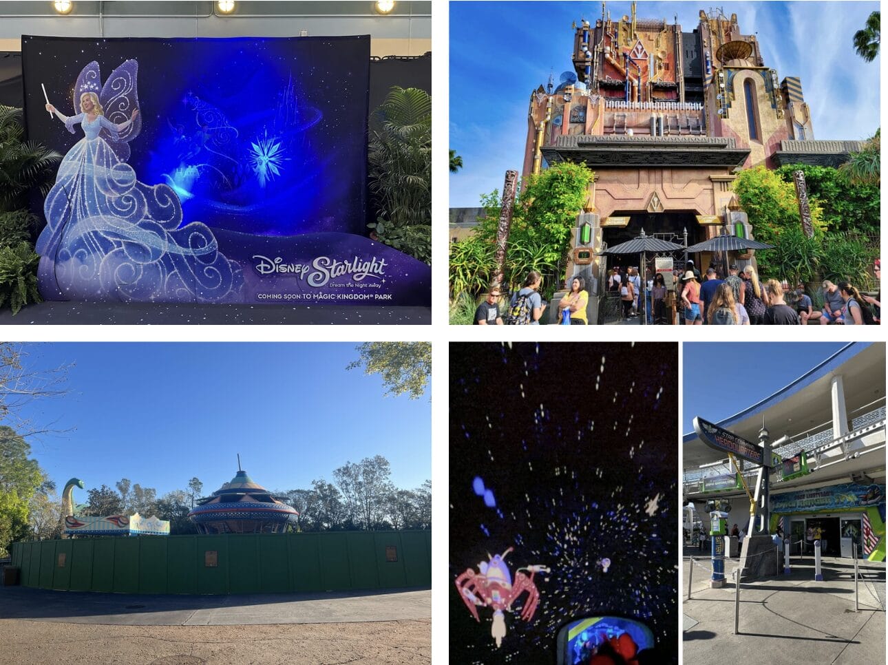 A collage of Disneyland park attractions: a fairy-themed billboard, a tower ride, a carousel surrounded by construction walls, a space-themed image, and a futuristic transport station showcase the magic that awaits visitors exploring Walt Disney World's enchanting and dynamic experiences.